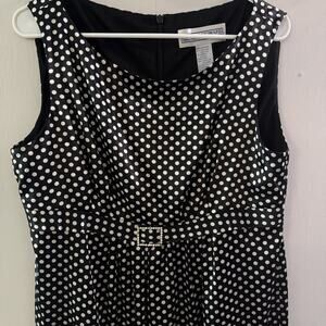 Jessica Howard Black White Polka Dot Dress Sz 14 Sleeveless. Belted Look Satin